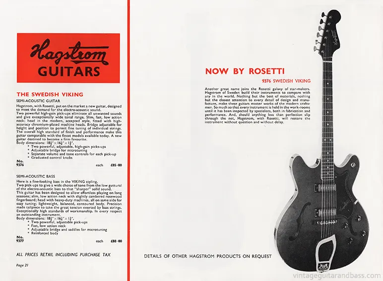 1971 Rosetti catalog page 21: Hagstrom Viking and Hagstrom Viking bass