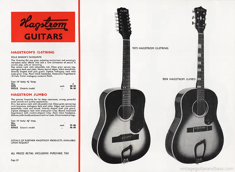 1971 Rosetti catalog page 23: Hagstrom Jumbo and Hagstrom 12-string acoustics