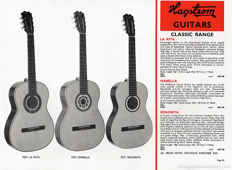 1971 Rosetti catalog page 24: Hagstrom La Rita, Isabella and Senorita classic acoustic guitars