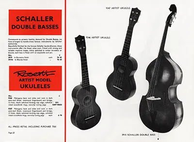 1971 Rosetti catalogue page 25 - Schaller Double Bass, and Rosetti Ukuleles