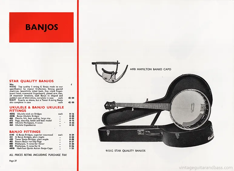 1971 Rosetti catalog page 27: 9151G and 9151T banjos