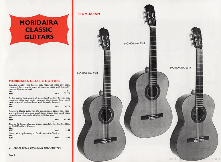 1971 Rosetti catalog page 3: Moridaira 9512, 9513 and 9514 acoustic guitars