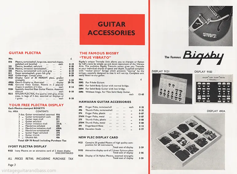 1971 Rosetti catalog page 31: Guitar accessories: Plectra, Bigsby vibrato and Hawaiian guitar accessories