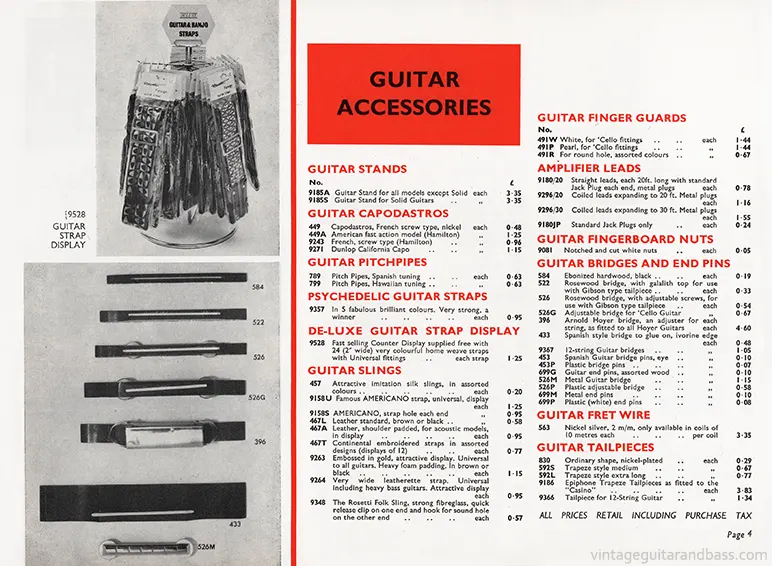 1971 Rosetti catalog page 32: guitar accessories: stands, capodastros, pitchpipes, guitar straps, guitar slings