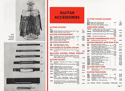 1971 Rosetti catalogue page 32 - Guitar accessories: Stands, capodastros, pitchpipes, guitar straps, guitar slings