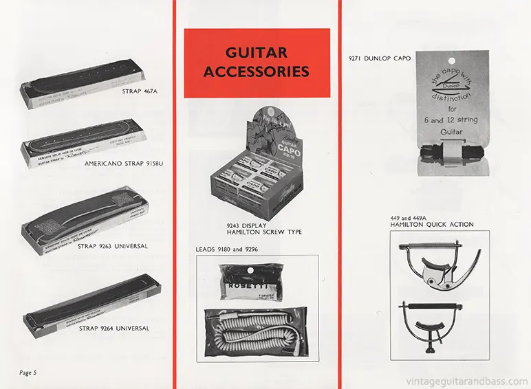 1971 Rosetti catalog page 33: Guitar accessories: straps, leads, capos