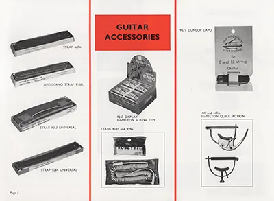 1971 Rosetti catalogue page 33 - Guitar accessories: straps, leads, capos
