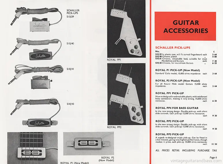 1971 Rosetti catalog page 24: guitar accessories: Schaller pick-ups