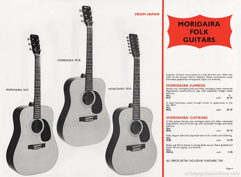 1971 Rosetti catalog page 4: Moridaira 9517, 9518 and 9519 jumbo acoustic guitars