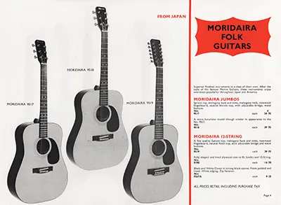 1971 Rosetti catalogue page 4 - Moridaira 9517, 9518 and 9519 jumbo acoustic guitars
