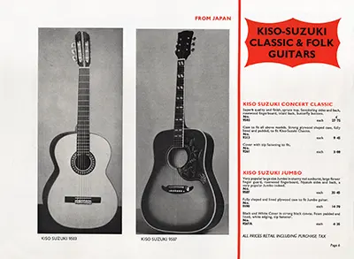 1971 Rosetti catalogue page 6 - Kiso-Suzuki Concert Classic 9503 and Jumbo acoustic 9507