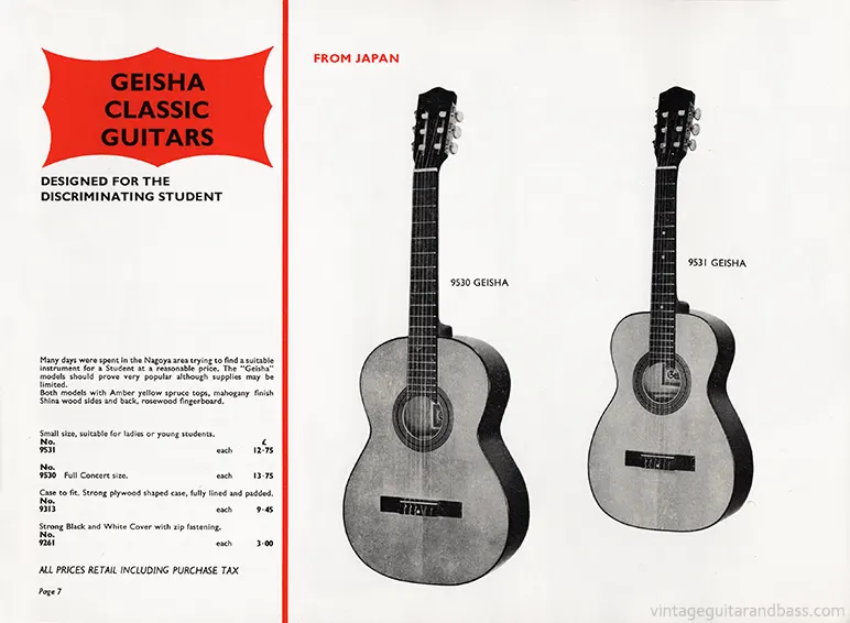 1971 Rosetti catalog page 7: Geisha 9530 and 9531 classic acoustic guitars