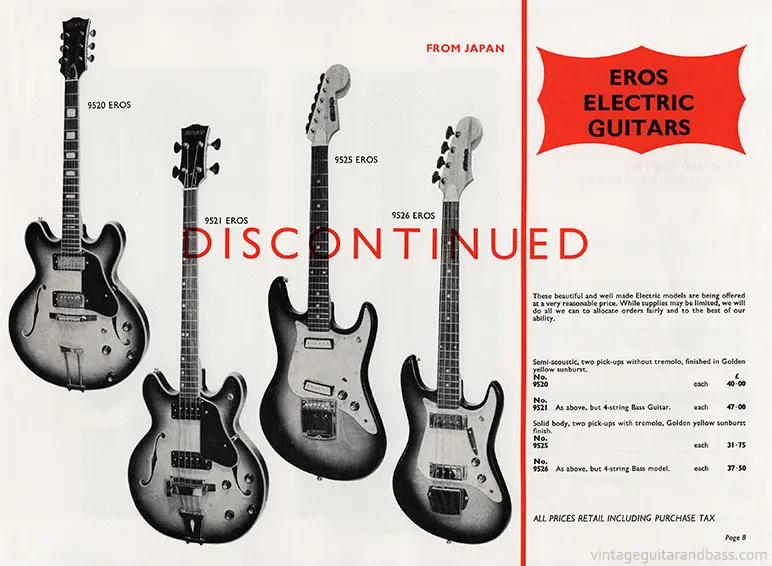1971 Rosetti catalog page 8: Eros 9520 and 9525 electric guitars and 9521 and 9526 basses