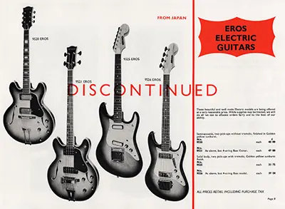 1971 Rosetti catalogue page 8 - Eros 9520 and 9525 electric guitars and 9521 and 9526 basses (Matsumoku)