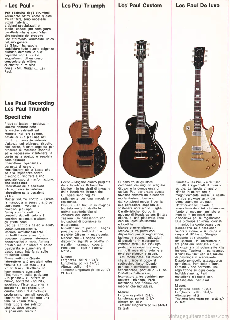1971 Italian Gibson brochure - page 2: Les Paul Triumph bass, Les Paul Custom, Les Paul Deluxe
