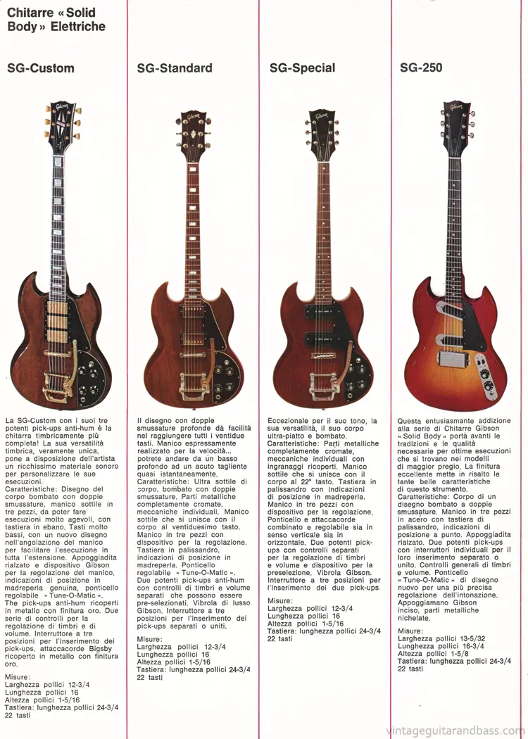 1971 Italian Gibson brochure - page 3: SG Custom, SG Standard, SG Special and SG250