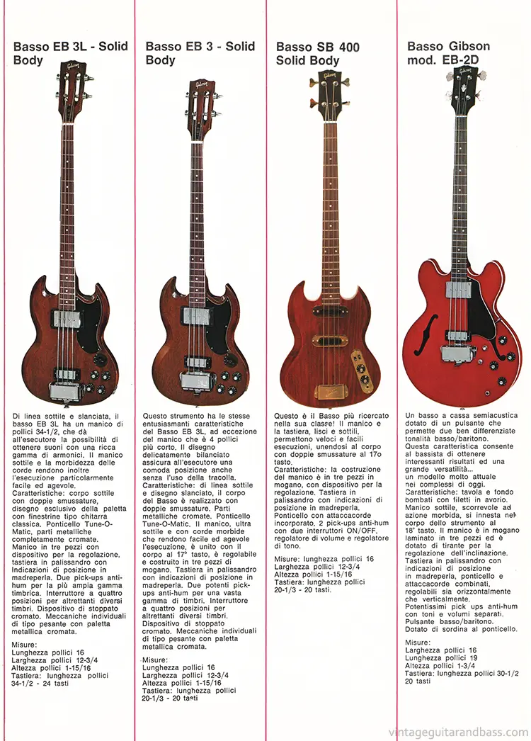 1971 Italian Gibson brochure - page 4: Gibson EB3, EB3L, EB2D and SB400