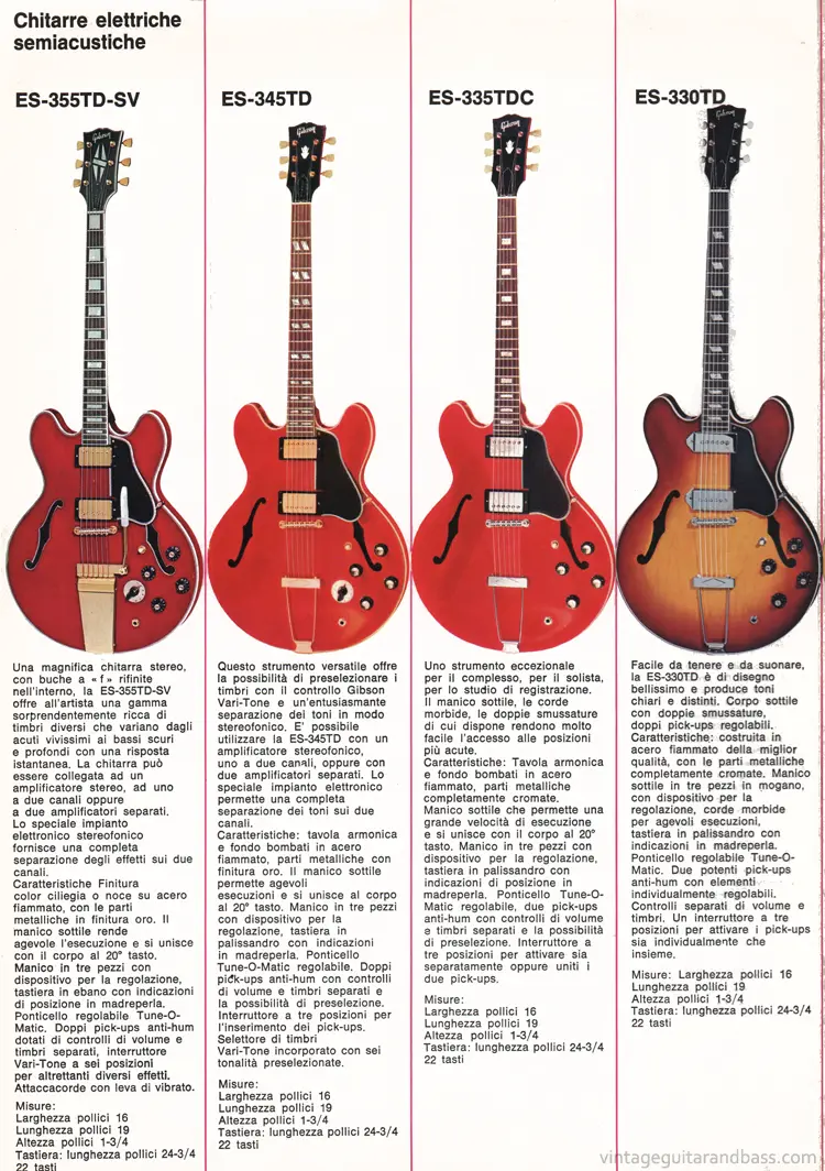 1971 Italian Gibson brochure - page 5: Gibson ES355TD-SV, ES345TD, ES335TDC, and ES330TD