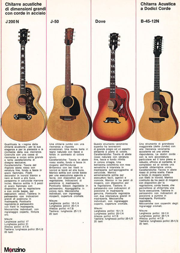 1971 Italian Gibson brochure - page 6: Gibson J-200N, J-50, Dove and B45-12N