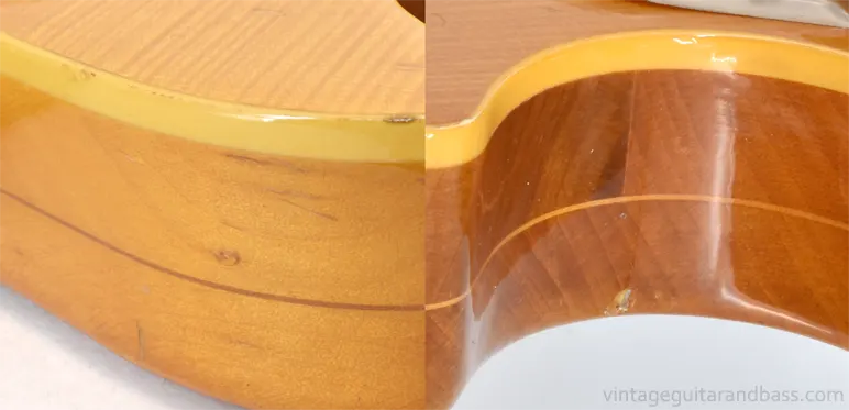 1975 Kimbara N117 body detail, showing colour differences with and against the wood grain