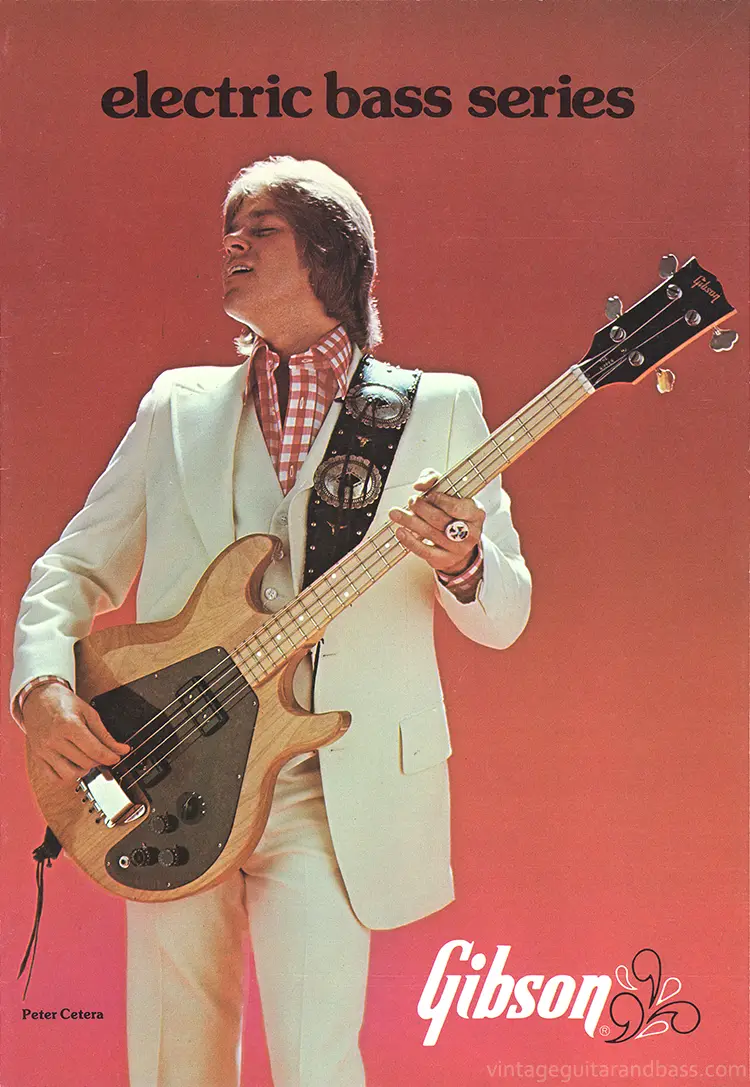 1976 Gibson bass catalog front cover - Peter Cetera of Chicago playing an L9-S Ripper