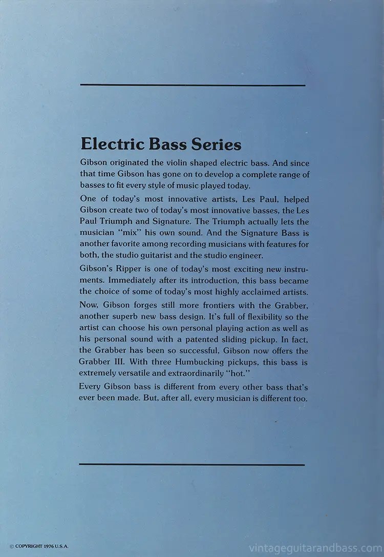 1976 Gibson bass guitar catalog, page 2: description of the new Electric Bass Series