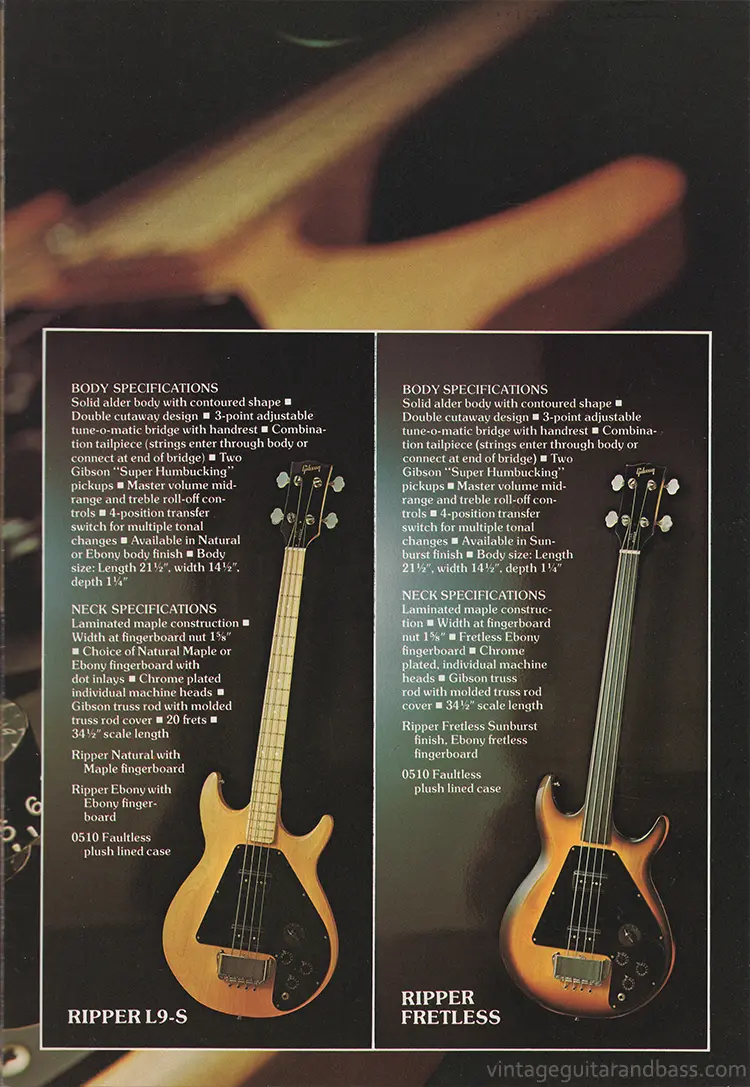 1976 Gibson bass guitar catalog, page 5: Gibson Ripper and Ripper Fretless bass guitars