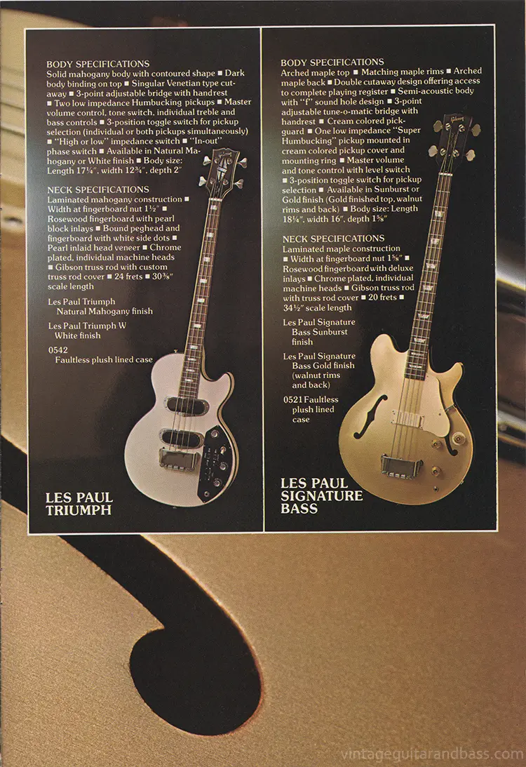 1976 Gibson bass guitar catalog, page 9: Gibson Les Paul Triumph and Les Paul Signature bass guitars