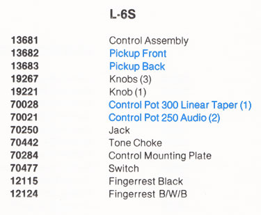 1977 Gibson part list for the L6-S