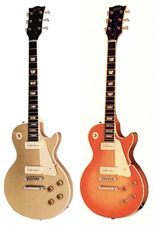 Two examples of the Gibson Les Paul Pro Deluxe, in Gold and Cherry Sunburst finish