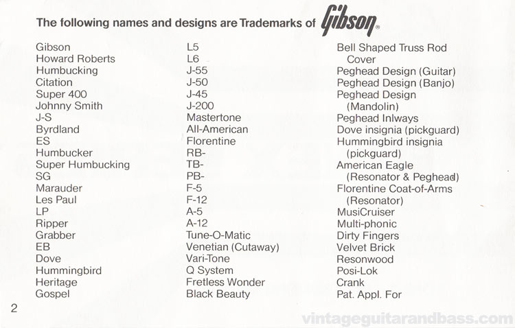 1980 Gibson Sonex owners manual - page 2 - list of Gibson trademarks