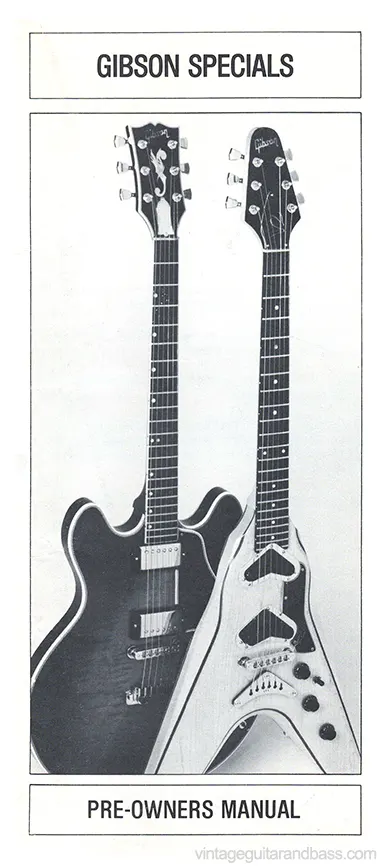 1981 Gibson Specials pre-owners manual page front cover, showing the Flying V II and the ES Artist