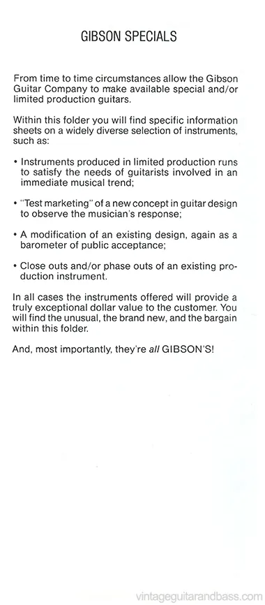 1981 Gibson Specials pre-owners manual, inside cover