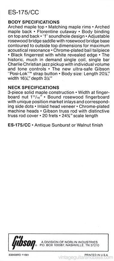 1981 Gibson Specials pre-owners manual insert - Gibson ES-175/CC description and specifications