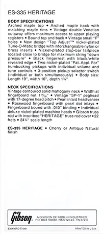 1981 Gibson ES-335 Heritage pre-owners manual insert, side 2