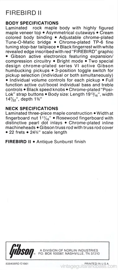 1981 Gibson Specials pre-owners manual insert - Gibson Firebird II description and specifications