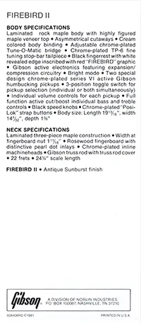 1981 Gibson Firebird II pre-owners manual insert, side 2