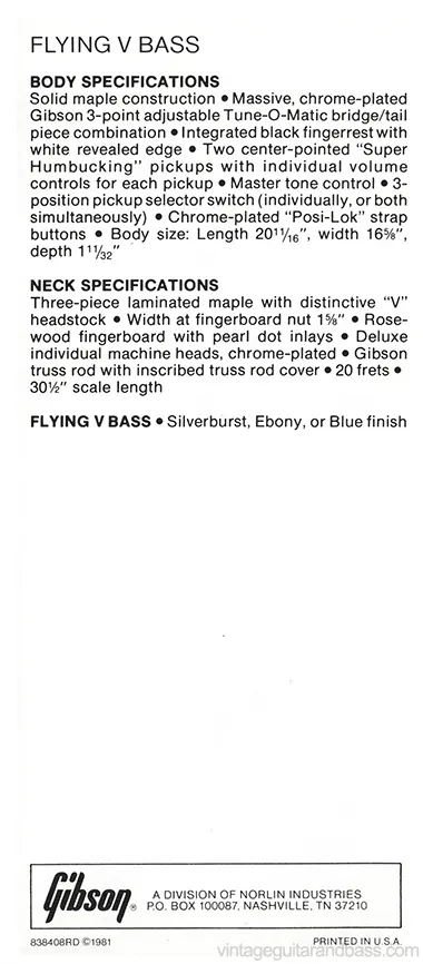 1981 Gibson Specials pre-owners manual insert - Gibson Flying V Bass description and specifications