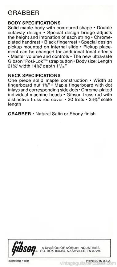 1981 Gibson Specials pre-owners manual insert - Gibson Grabber bass description and specifications