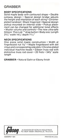 1981 Gibson Grabber bass pre-owners manual insert, side 2