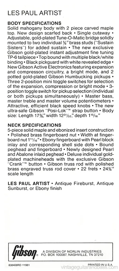 1981 Gibson Specials pre-owners manual insert - Gibson Les Paul Artist description and specifications