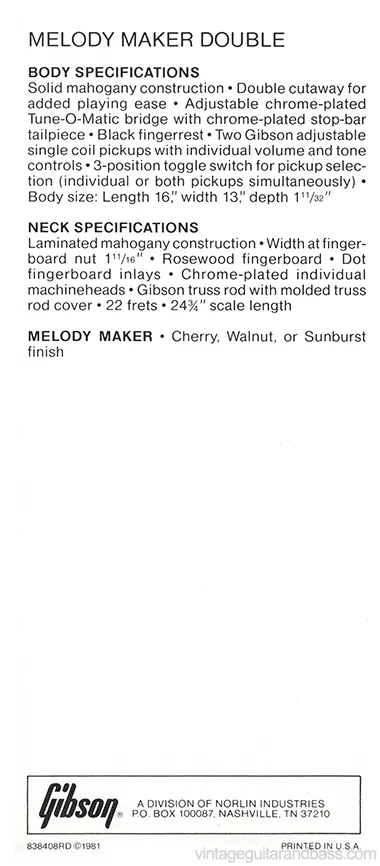 1981 Gibson Specials pre-owners manual insert - Gibson Melody Maker Double description and specifications