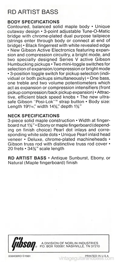 1981 Gibson Specials pre-owners manual insert - Gibson RD Artist Bass description and specifications