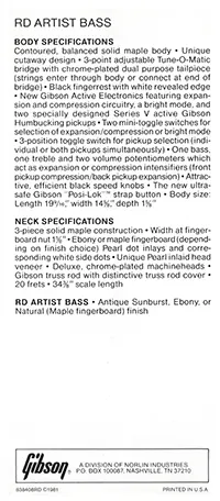 1981 Gibson RD Artist Bass pre-owners manual insert, side 2