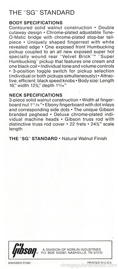 1981 Gibson Specials pre-owners manual insert - Gibson The SG Standard description and specifications