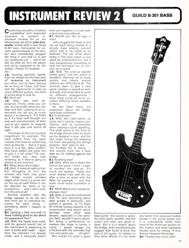 1977 Beat Instrumental review of the Guild B-301 bass by John Entwistle