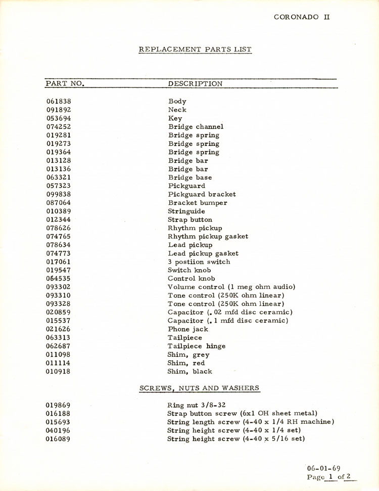 Parts list for the Fender Coronado I electric guitar - 1969