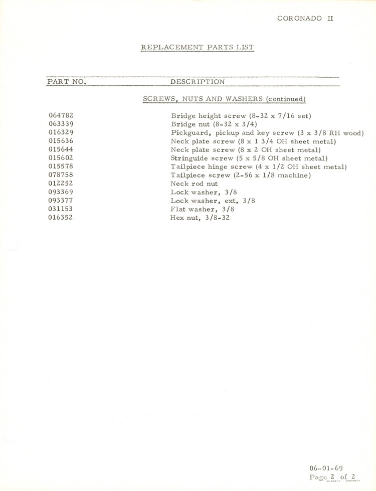 Parts list for the Fender Coronado II electric guitar - 1969
