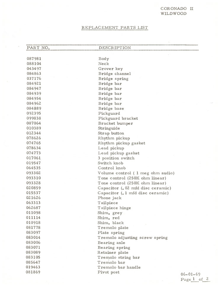 Fender Coronado Wildwood Part List 1969
