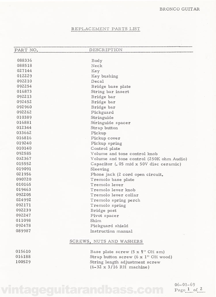 Replacement part list for the Fender Bronco electric guitar - 1969, page 1